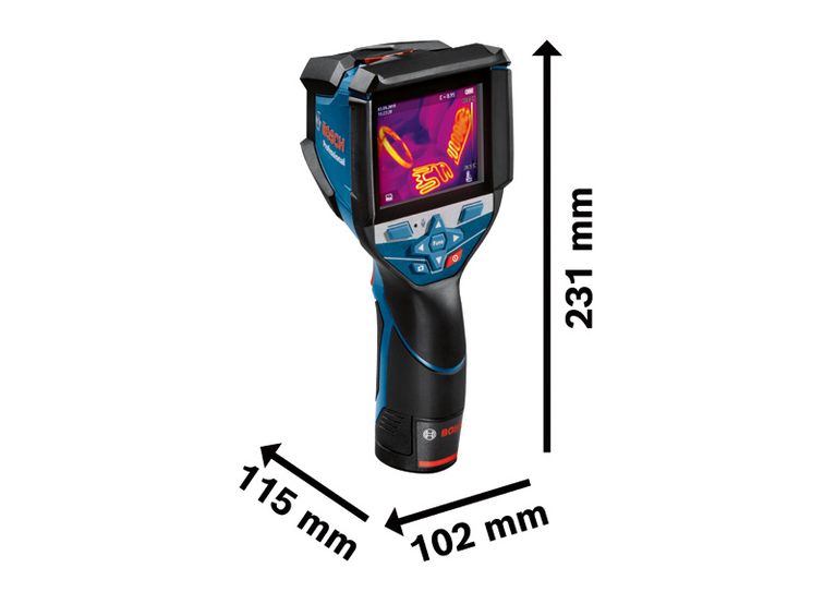 Kamera termal Bosch GTC 600 C dengan dimensi pengukuran.