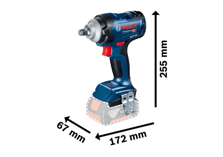 Kunci pas benturan nirkabel Bosch GDS 18V-400, torsi maks. 400 Nm.