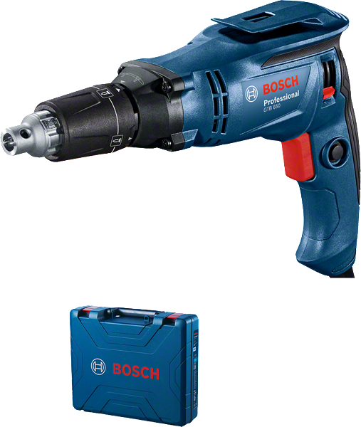 Obeng drywall Bosch GTB 650 dengan kotak pembawa.