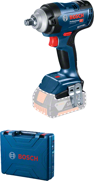 Kunci pas benturan nirkabel Bosch GDS 18V-400 beserta wadahnya.
