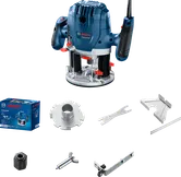 Router Bosch GOF 130 dengan aksesori untuk pengerjaan kayu.