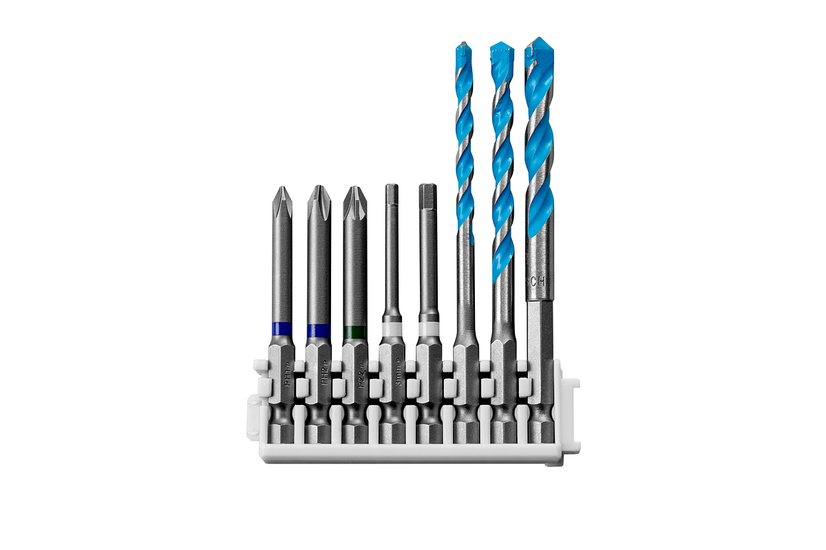Set obeng dan mata bor campuran Bosch Pick & Click berisi 8 buah.