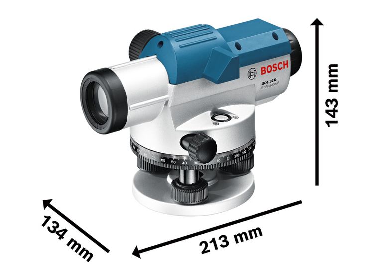 Level optik Bosch GOL 32 D dengan pengukuran dimensi.