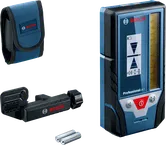 Penerima laser Bosch LR 7 dengan penjepit dan kantong pembawa.