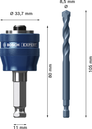 Arbor Sistem Hole Saw EXPERT Power Change Plus 11 mm, Bor TCT 8,5 x 105 mm, 2 buah Sistem Gergaji Lubang Bosch EXPERT Power Change Plus Arbor dan bor TCT 8,5 mm.