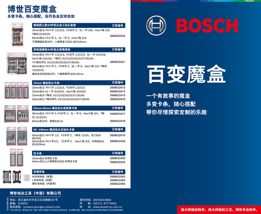 Set mata bor dan obeng dengan daftar ukuran dan jenis terperinci yang ditampilkan dalam tata letak katalog.