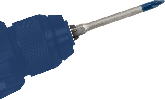 Bor listrik tanpa kabel yang dilengkapi mata obeng berujung biru.