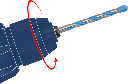 Chuck bor putar berwarna biru dengan mata bor untuk material bangunan yang terpasang.