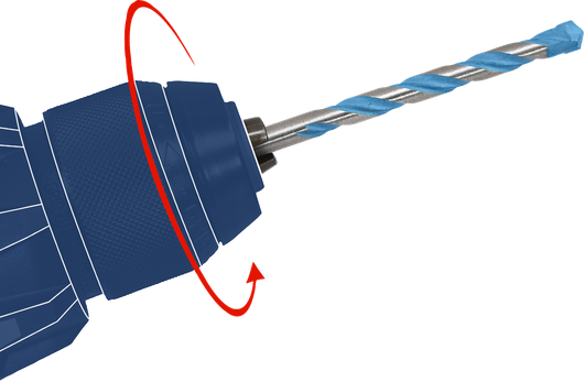 Chuck bor putar berwarna biru dengan mata bor untuk material bangunan yang terpasang.
