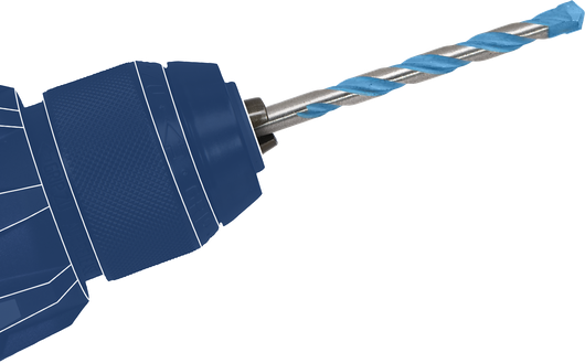 Chuck bor memegang mata bor spiral dengan ujung biru.