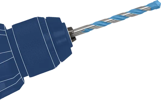 Gambar close-up dari chuck bor yang memegang mata bor spiral.