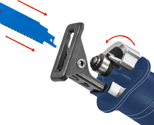 Mesin gergaji bolak-balik dengan mata pisau yang dapat dilepas, siap dipasang.