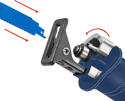 Mesin gergaji bolak-balik dengan mata pisau yang dapat dilepas, siap dipasang.