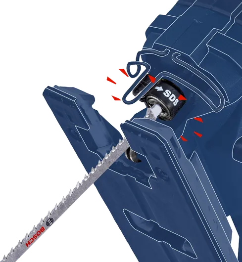 Mata gergaji pedang dimasukkan ke mekanisme pelepas cepat.