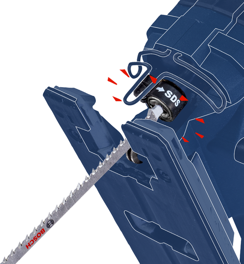 Mata gergaji pedang dimasukkan ke mekanisme pelepas cepat.