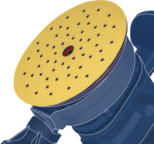 Mesin amplas orbital acak dengan cakram amplas berlubang berwarna kuning terpasang.