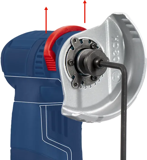 Kunci Allen digunakan untuk menyesuaikan pelindung pada mesin gerinda sudut.