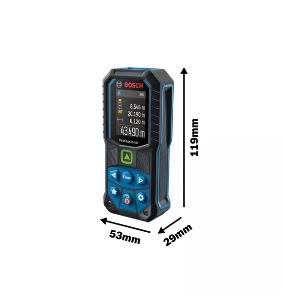 GLM 50-23 G Pengukur laser Bosch GLM 50-23 G dengan layar dan tombol.