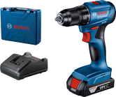 Bor tanpa kabel Bosch GSR 185-LI dengan baterai dan casing.