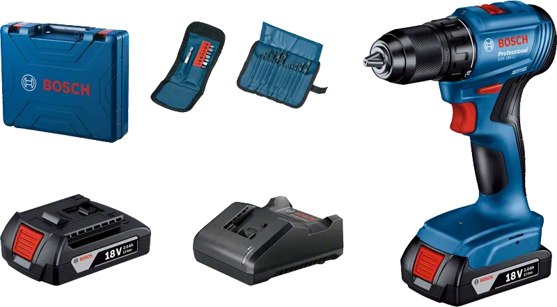 Set bor nirkabel Bosch GSR 185-LI dengan dua baterai 18V.