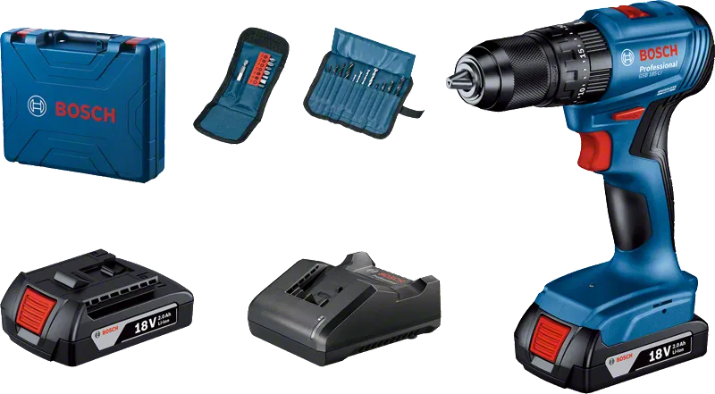 Set bor nirkabel Bosch GSB 185-LI dengan baterai 18V.