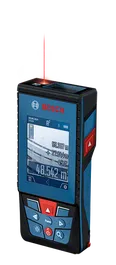 Alat ukur laser Bosch GLM 100-25 C yang menampilkan jarak digital.