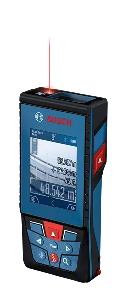 Alat ukur laser Bosch GLM 100-25 C yang menampilkan jarak digital.