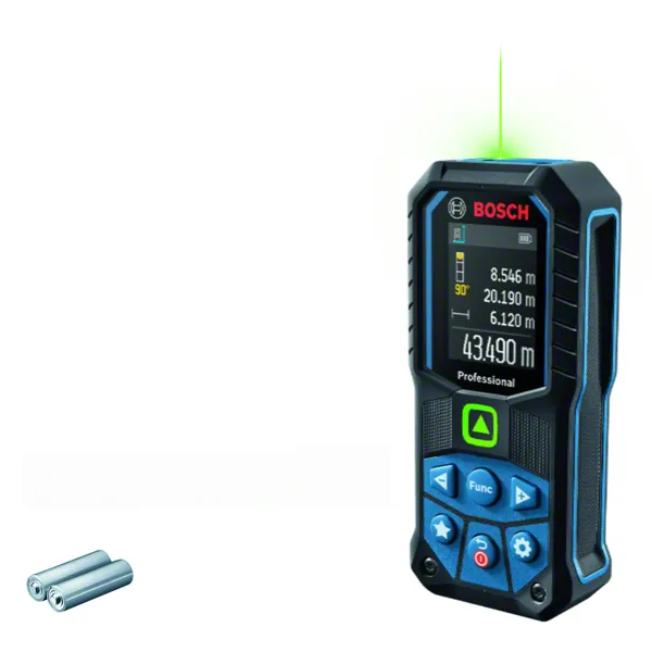 Pengukur laser Bosch GLM50-23G dengan tampilan sinar hijau.