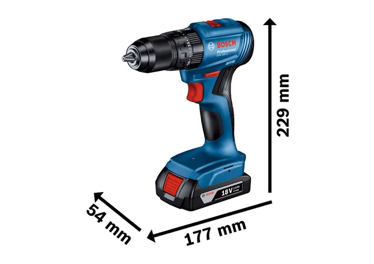 Bor tanpa kabel Bosch GSB 185-LI, dimensi 18V 2.0Ah.