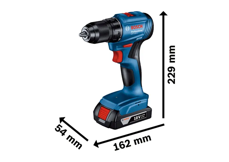 Bor tanpa kabel Bosch GSR 185-LI, dimensi 18V 2.0Ah.