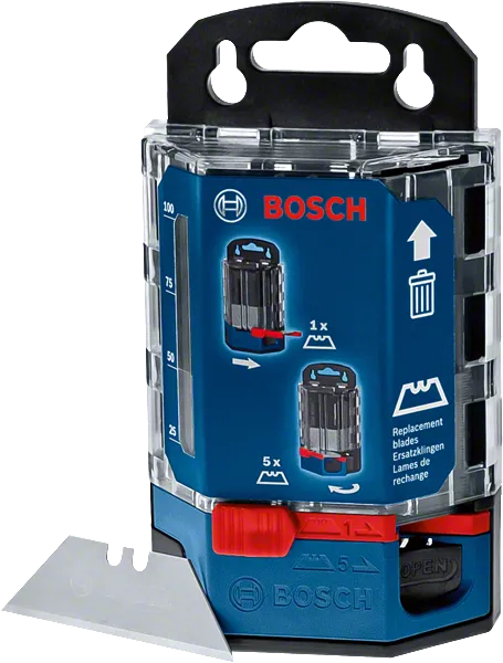 Dispenser pisau pengganti Bosch disertai petunjuk penggunaan.