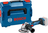Penggiling sudut nirkabel Bosch GWS 18V-15 C beserta casingnya.