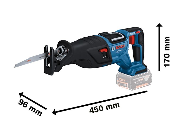 GSA 185-LI Gergaji bolak-balik Bosch 18V tanpa kabel, panjang 450 mm.