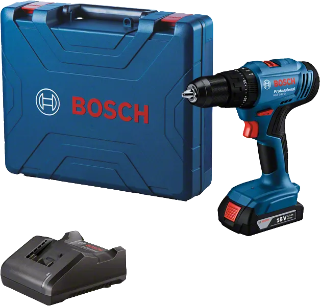 Set bor nirkabel Bosch GSB 18V-45 beserta kotak dan pengisi daya.
