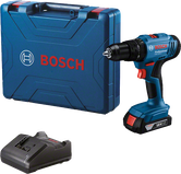 Set bor nirkabel Bosch GSB 18V-45 beserta kotak dan pengisi daya.