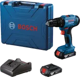 Set bor nirkabel Bosch GSB 18V-45 dengan casing dan pengisi daya.