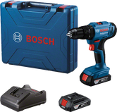 Set bor nirkabel Bosch GSB 18V-45 dengan casing dan pengisi daya.