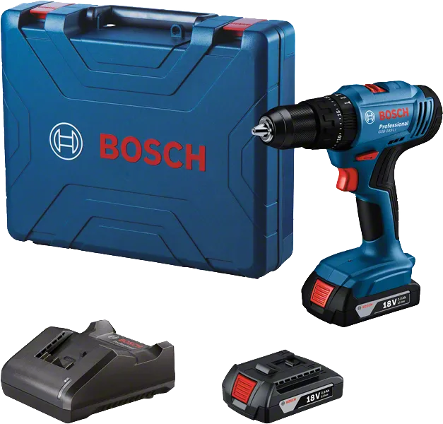Set bor nirkabel Bosch GSB 18V-45 dengan casing dan pengisi daya.