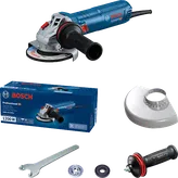 Penggiling sudut Bosch GWS 12-125 S dengan aksesori.