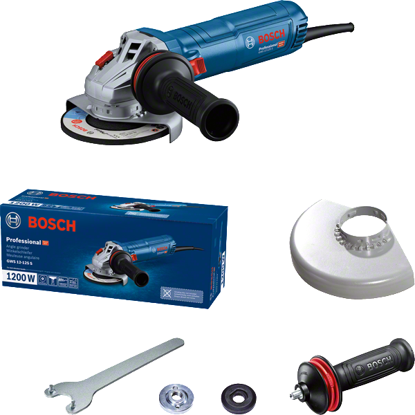 Penggiling sudut Bosch GWS 12-125 S dengan aksesori.