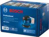 Mesin pengamplas orbit acak tanpa kabel dengan kantong debu ditampilkan pada kotak produk berwarna biru.
