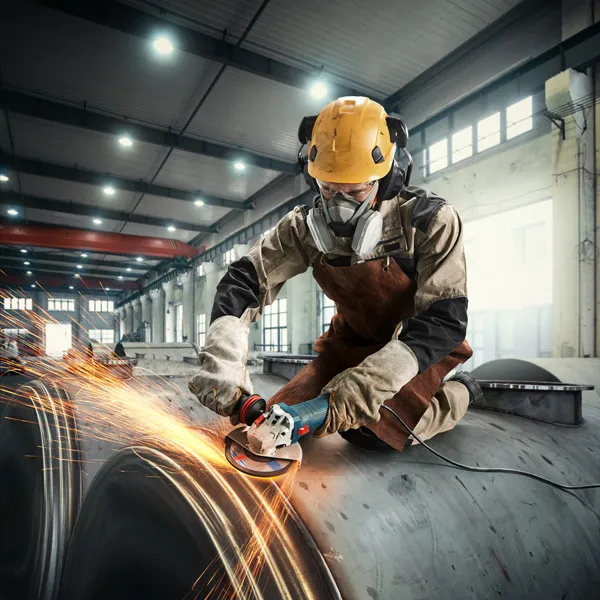 Seseorang yang mengenakan peralatan keselamatan menggiling logam, sehingga menimbulkan percikan api di lingkungan industri.