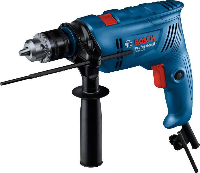 Bor benturan Bosch GSB 600 dengan pegangan samping.