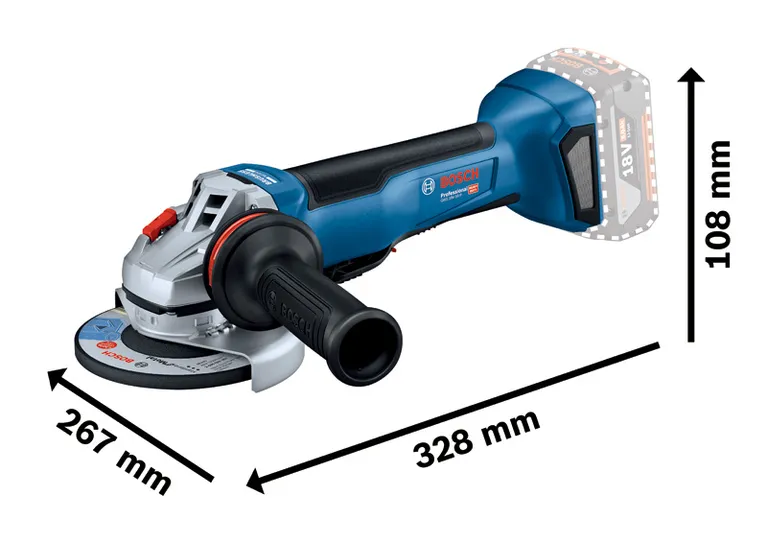 Penggiling sudut Bosch GWS 18V-10 P dengan baterai 18V.