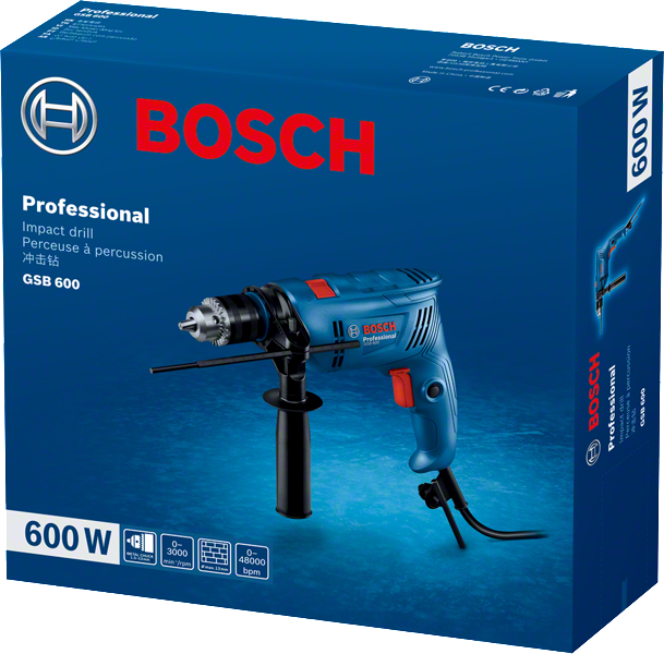 Kemasan bor dampak Bosch GSB 600.
