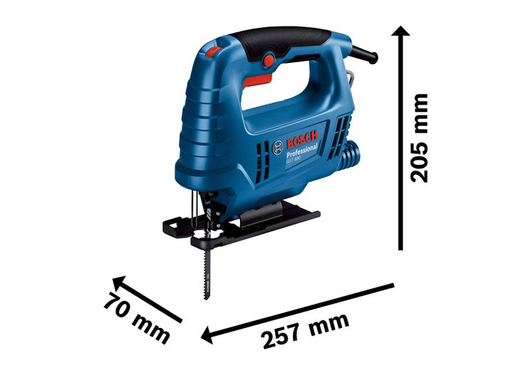 Jigsaw Bosch GST 680 dengan tinggi 205 mm dan panjang 257 mm.