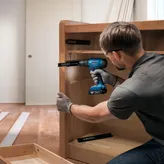 Orang yang mengenakan peralatan keselamatan memasang slide laci menggunakan bor tanpa kabel.