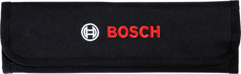 Set kunci pas Bosch dalam tas kanvas hitam tertutup.