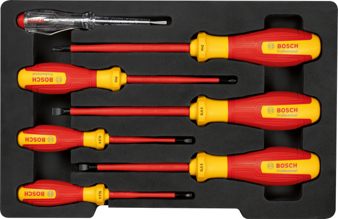 Set obeng Bosch VDE SL/PH 7 buah untuk pekerjaan listrik.