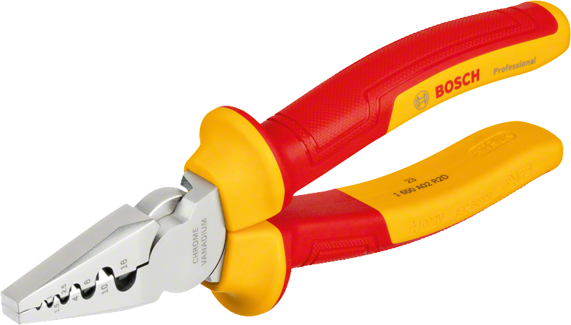 Tang crimping Bosch VDE 180mm dengan gagang berisolasi.